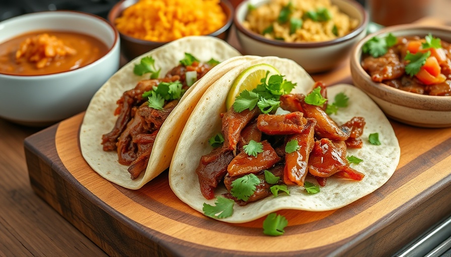 Tacos with slow-cooked pork carnitas, cilantro, onion on wooden board.