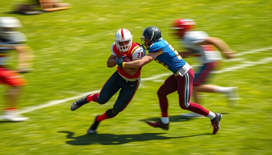 Intense football tackle on the field, Staying in the game action.