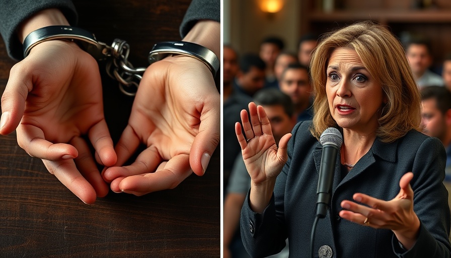Community resources for addressing violent crime, handcuffed hands, speaking woman.
