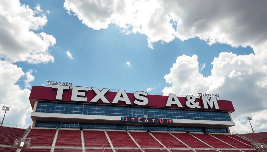 Texas A&M University sign on stadium against a cloudy sky.
