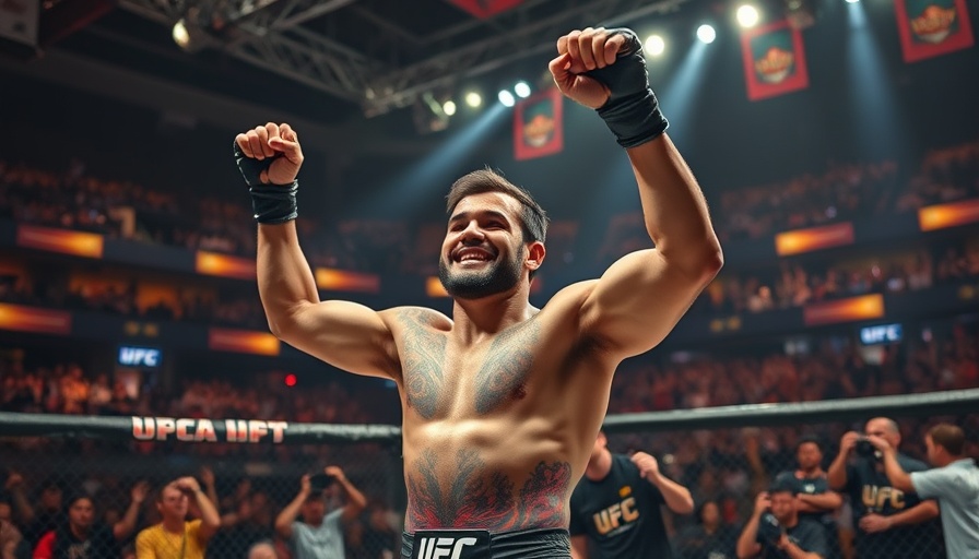 UFC triumph scene capturing fighter celebration, lively arena vibe.