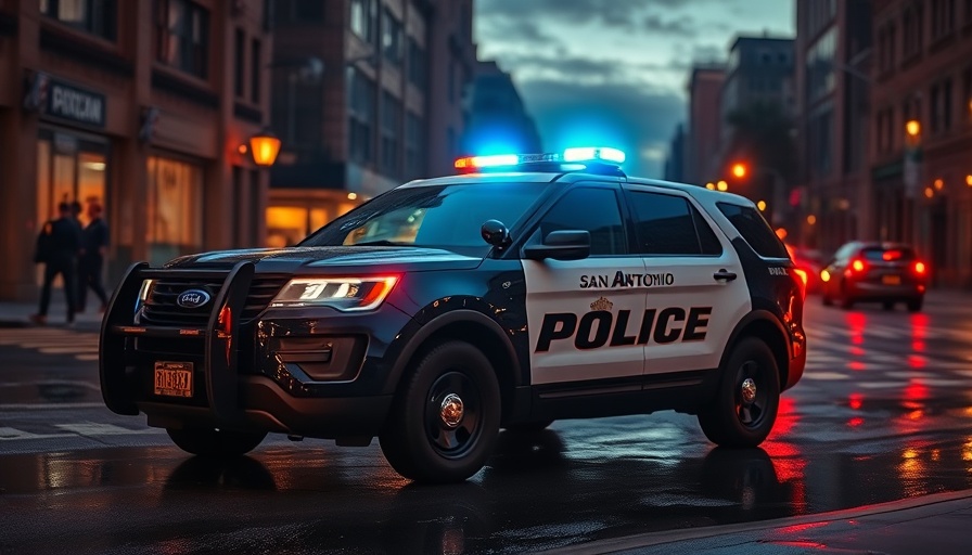 San Antonio police SUV with lights on during rainy evening - related to hit-and-run news.