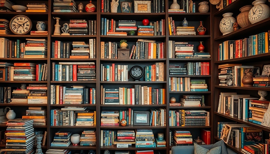 Cluttercore design trend bookshelf with eclectic decor.