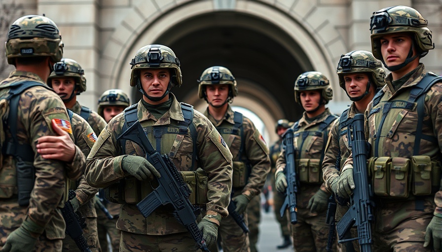 National Guard deployment in an urban setting with archway.