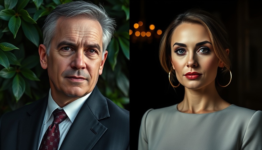 Man and woman in formal attire amid contrasting backgrounds.