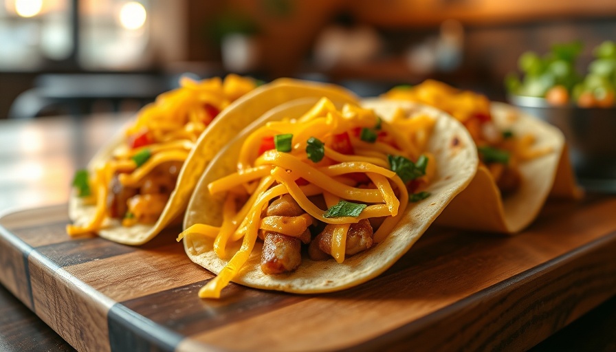 Cheesy breakfast tacos with melted cheese in a cozy setting.
