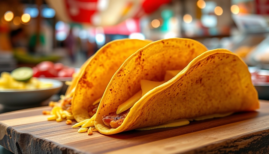 Cheesy breakfast tacos with melted cheese in a market setting.