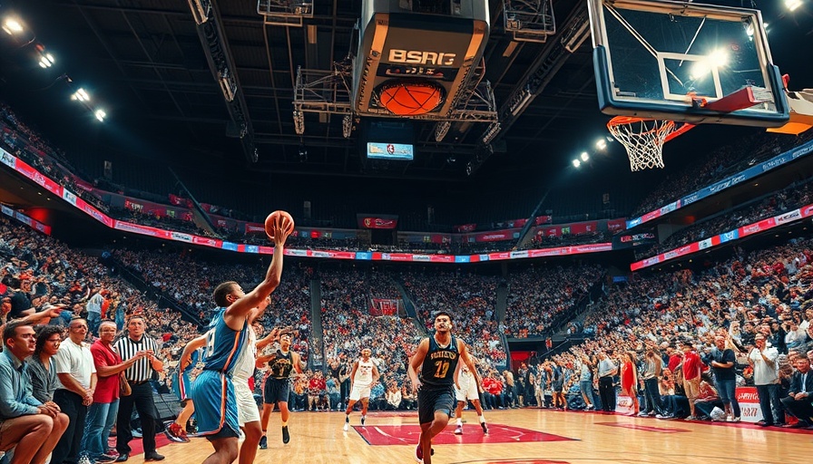 Basketball game players in action with cheering crowd, Super Bowl 2025 atmosphere.