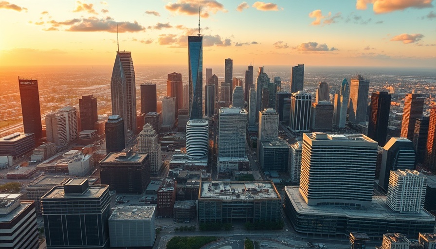 Houston commercial real estate skyline with skyscrapers at sunset.