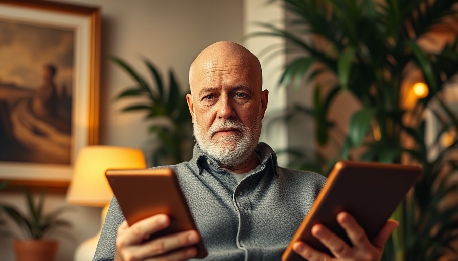 Bald older man discussing natural sleep remedies, holding tablets.
