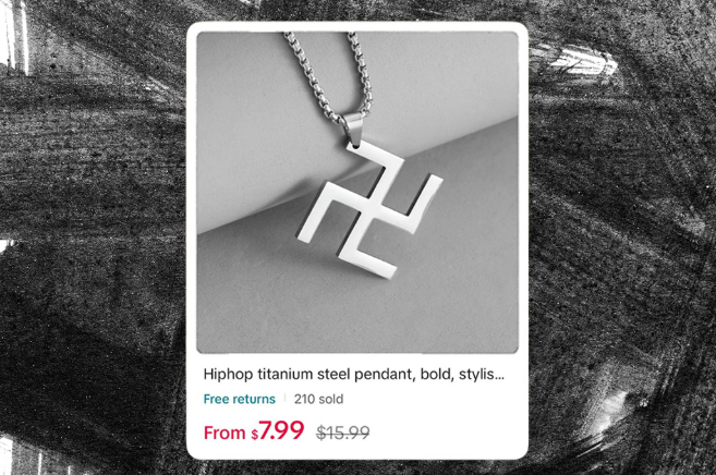 Person holding smartphone and coffee in city; swastika necklace controversy on TikTok Shop.