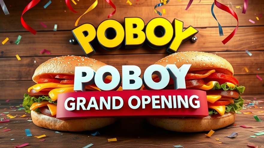 Vibrant advertisement for a grand opening of POBOY sandwiches, highlighting family friendly events in Dallas.