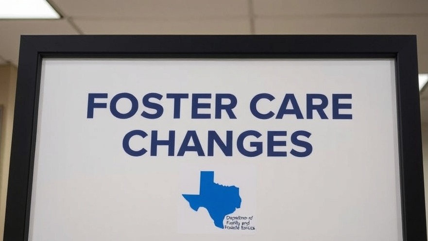 Framed poster 'FOSTER CARE CHANGES' highlighting community-based care by Texas DFPS