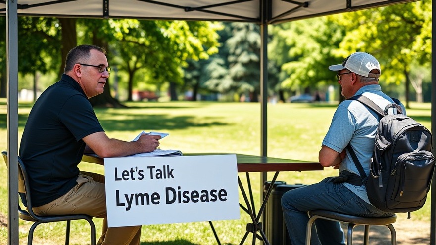Men discuss ticks and Lyme disease at an outdoor booth in a sunny park.