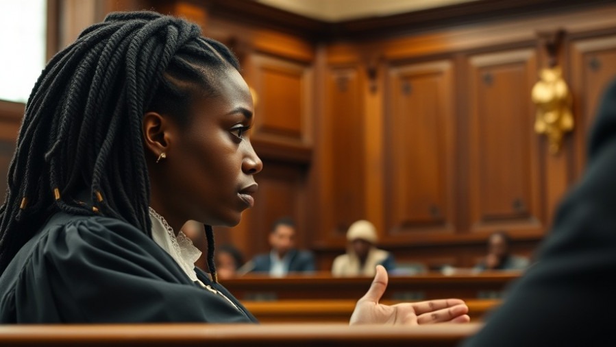 Black female judge with dreadlocks discussing federal legislation in a warm, traditional courtroom.