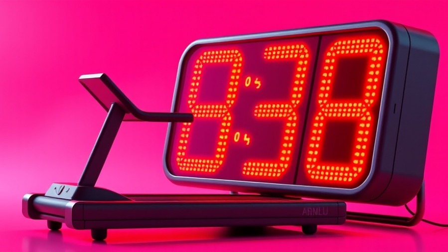 Surreal digital clock and treadmill representing high-intensity interval training and energy recovery.