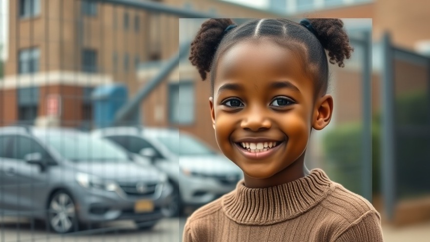 Smiling young girl outdoors in front of a secure school, emphasizing Houston education safety.