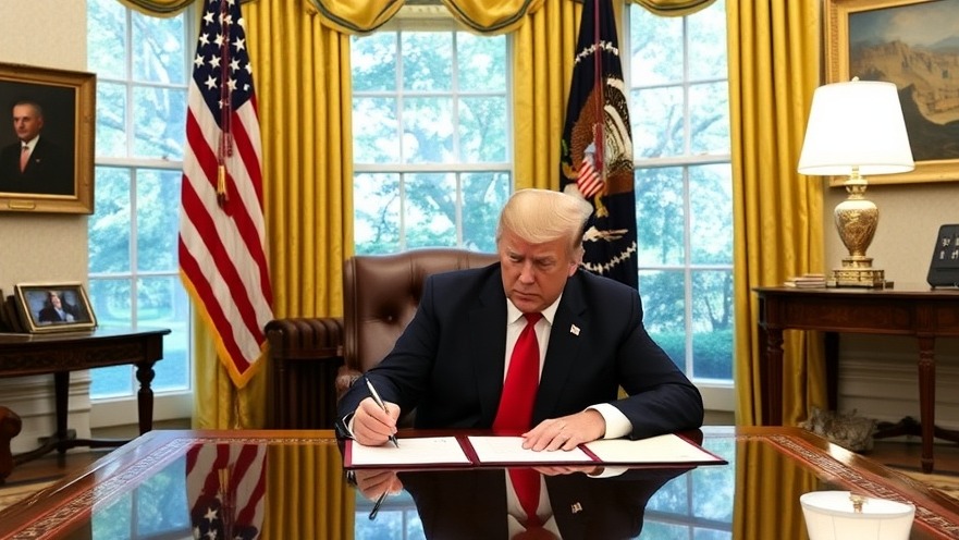 Trump signing an executive order on trade policy in the Oval Office.