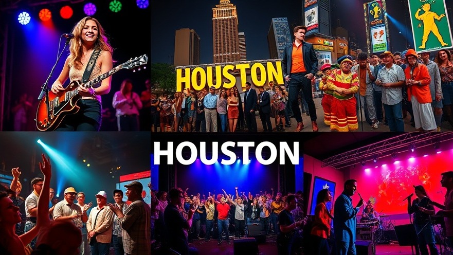 Vibrant Houston events collage showcasing live music and lively performances.