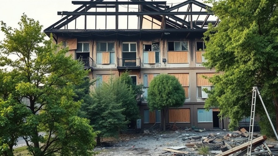 Fire-damaged apartment building in San Antonio, highlighting community support for displaced families.