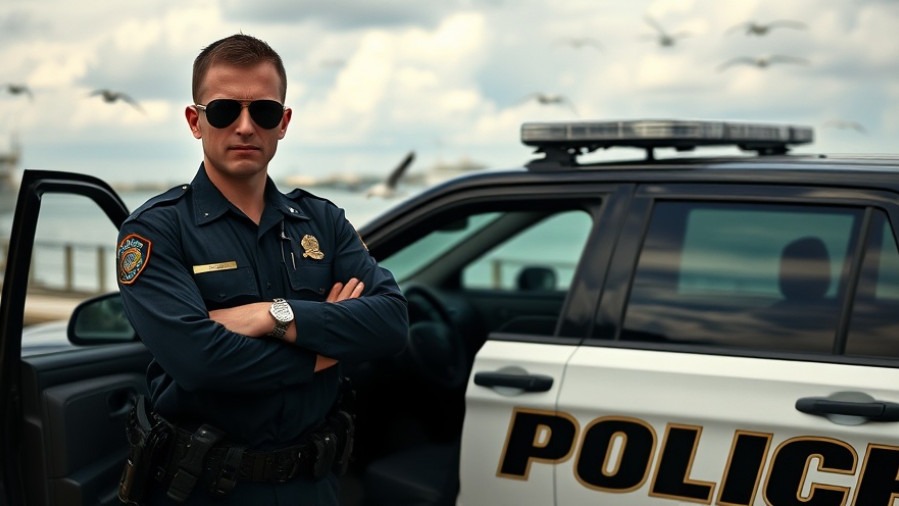Galveston officers rescue operation: police officer by SUV at waterfront, cloudy sky.