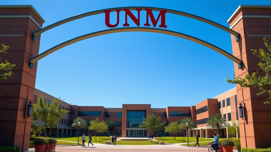 UNM entrance showcasing free speech on campus amidst lush greenery.