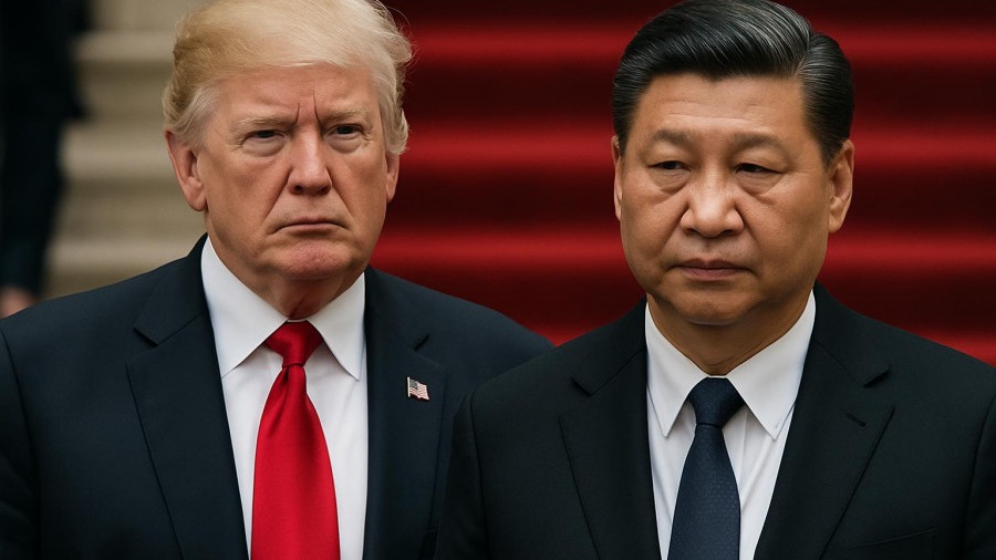 Trump and Xi in serious discussion on US-China relations, tense atmosphere.