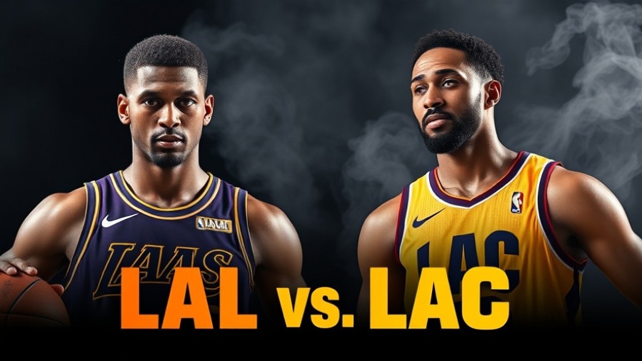 Dynamic NBA rivalry with Austin Reeves and LeBron James, bold 'LAL vs LAC' matchup.