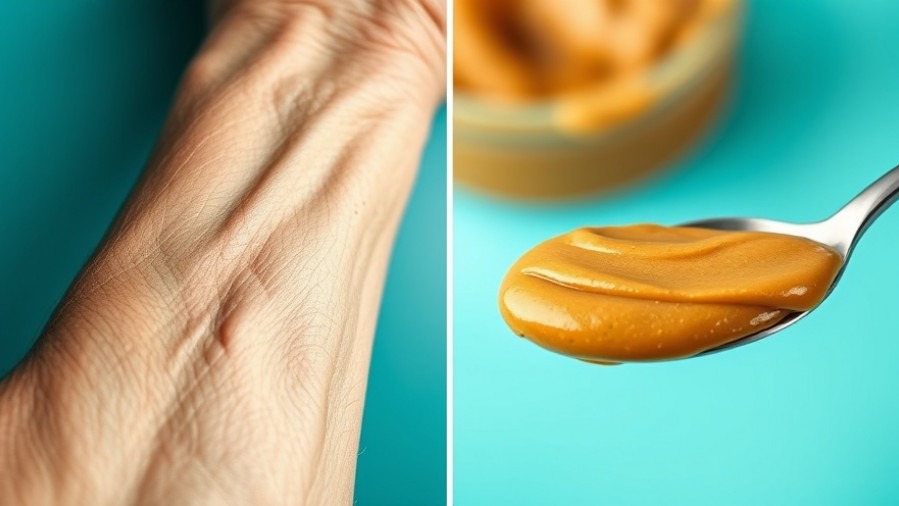 Macro shot of a wrinkled arm with peanut butter, showcasing healthy aging for seniors.