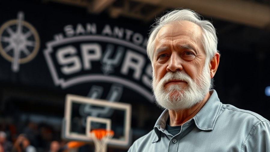 Angry older man with white hair by Spurs banner, celebrating Popovich legacy in San Antonio.