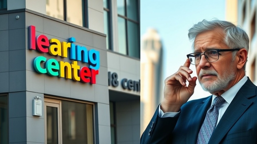 A discerning man in a suit beside a vibrant learning center sign, highlighting whistleblower protection.