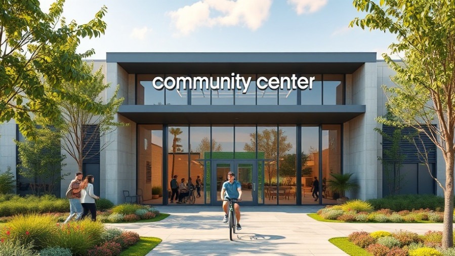 Modern community center entrance showcasing San Antonio housing updates with lush greenery.
