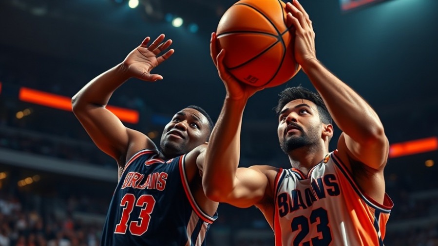 Intense NBA game recap with Rockets vs Nuggets; players soar for a glowing basketball.