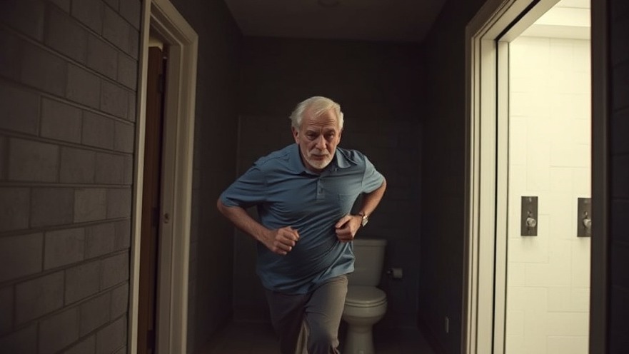 Older man running to bathroom at night, showcasing healthy aging for seniors.