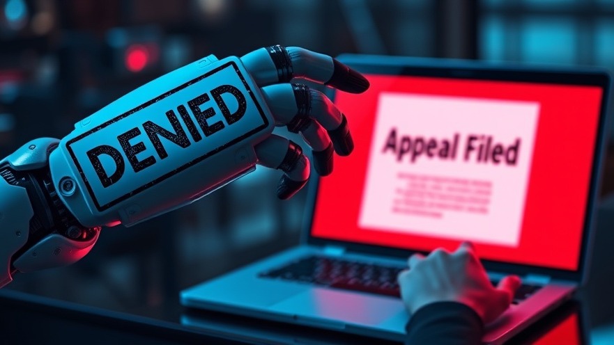 Futuristic robotic arm with 'DENIED' stamp beside human hand, showcasing AI decision-making.