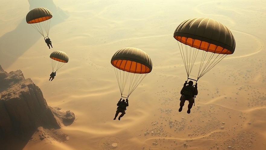 US soldiers parachuting into desert, capturing breaking US news.