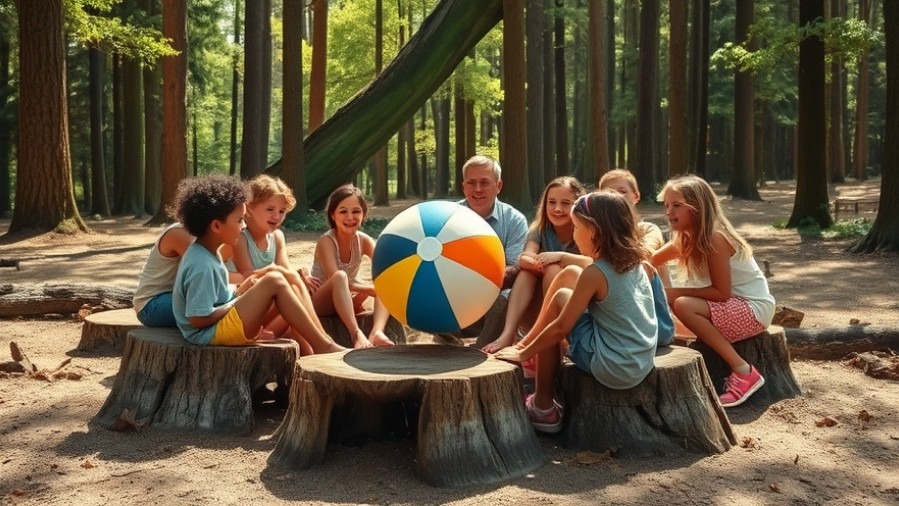 Children's grief camps: kids joyfully playing in a forest setting with a beach ball.