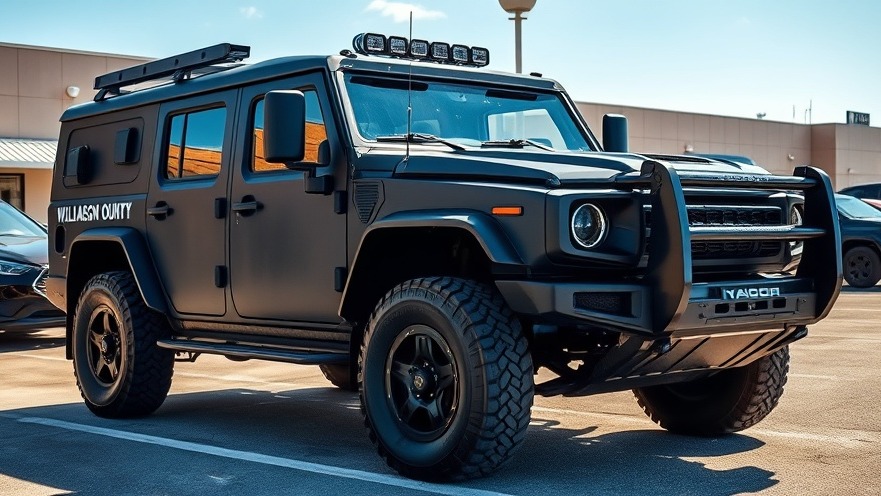 Photorealistic black armored vehicle showcasing law enforcement resources for community safety.