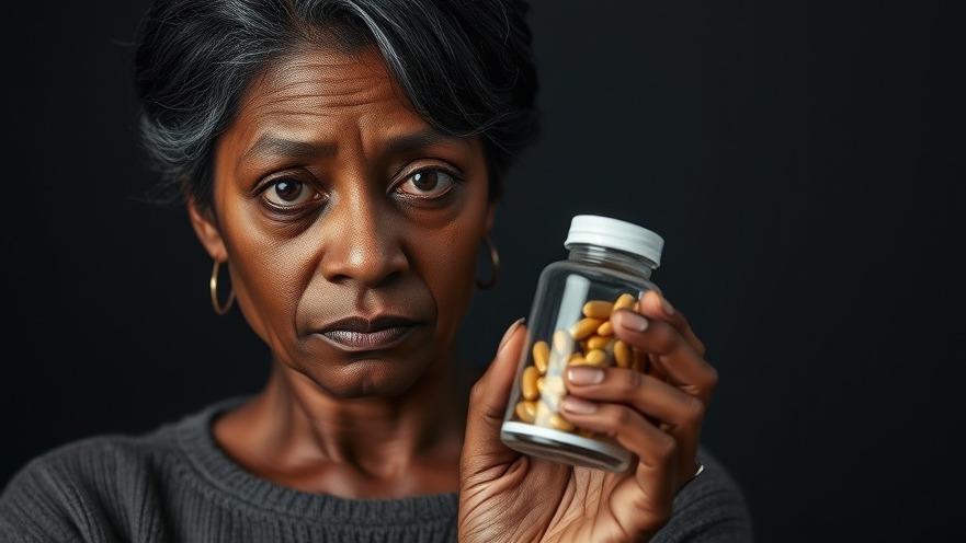 Middle-aged black woman contemplating healthy living in Houston, holding supplements.
