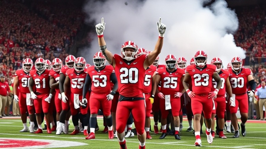 Victorious Georgia Bulldogs football team in red uniforms celebrating College football showdown.