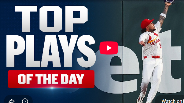 MLB highlights featuring a player making a leaping catch.