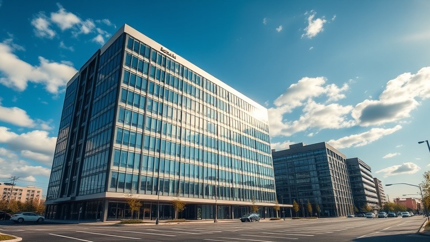 Photorealistic modern office building in Austin's tech scene under blue sky