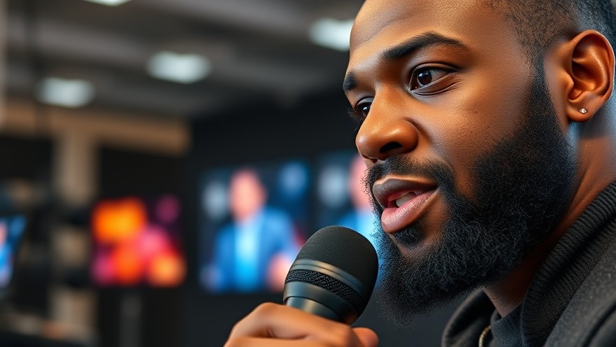 Close-up of a black man with a beard providing NFL commentary in a modern media room.