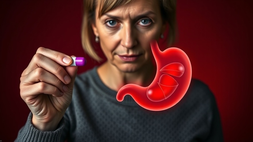 Mature woman with a pill, highlighting long-term acid reflux medication risks and proton pump inhibitors side effects.