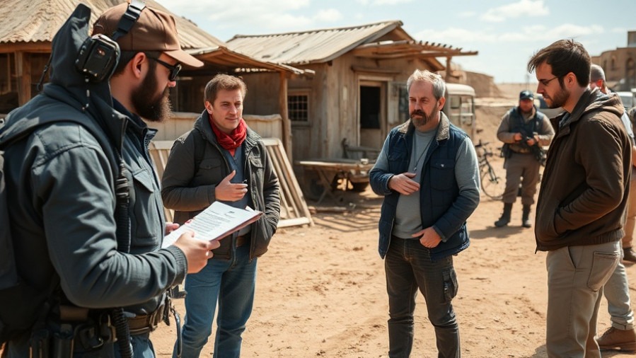 Director and actors discuss a script during a movie shoot, highlighting Texas film industry growth.