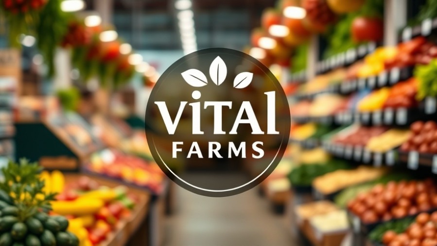 Vital Farms logo against a blurred grocery store backdrop, highlighting sustainability in the ethical food sector.