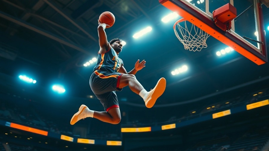 Dynamic NBA highlights of a player mid-jump making a slam dunk under arena lights.