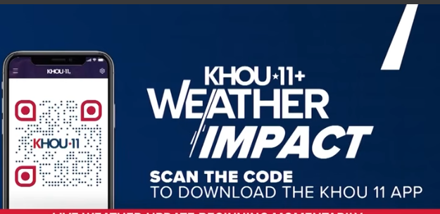 KHOU 11 Weather Impact app QR code on a smartphone, Houston weather news.