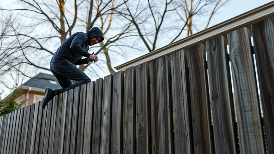 Burglary suspect climbing over fence in broad daylight highlights neighborhood safety concerns.