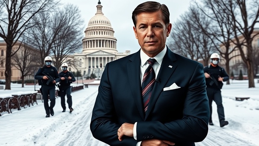 Serious news anchor with Capitol backdrop highlights current events in the US.